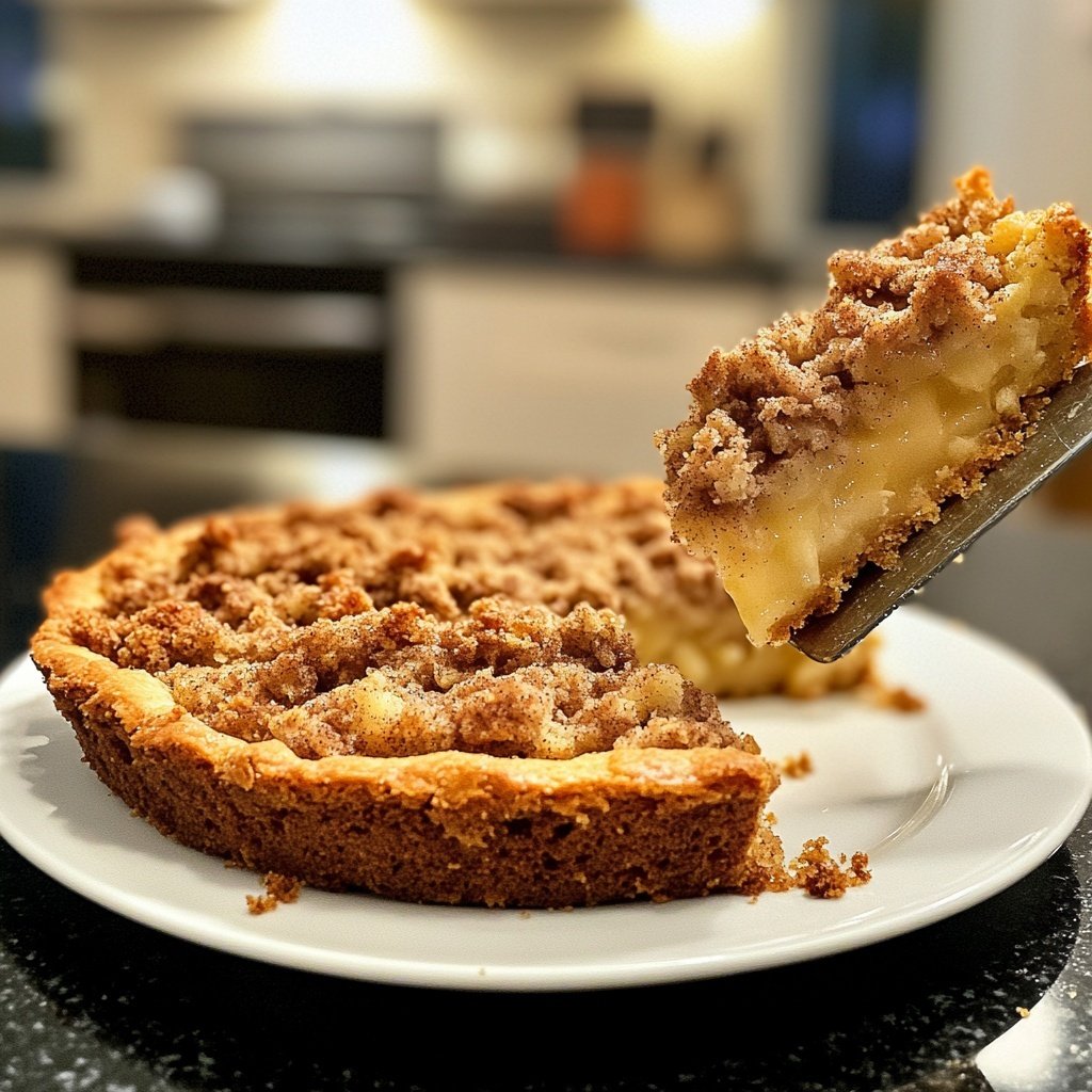 Traditioneller Apfelkuchen mit Pudding und Zimtstreuseln